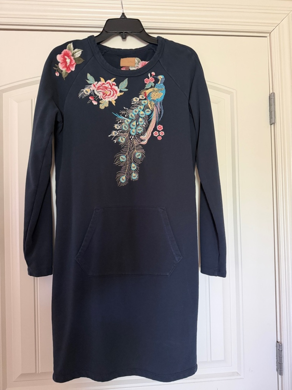 DRIFTWOOD Navy Sweatshirt Dress with Embroidered Peacock